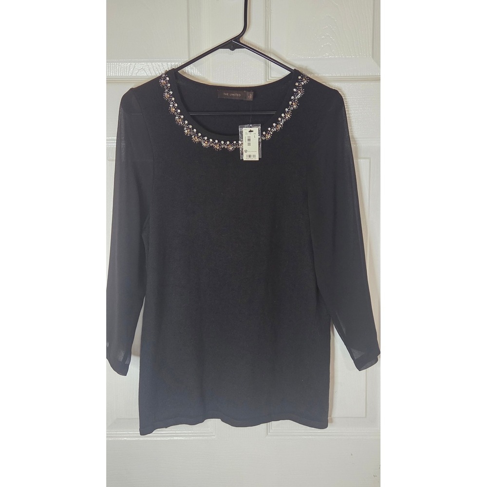 The Limited Black Embellished Neckline Knit Top Sheer 3/4 Sleeve NWT Large